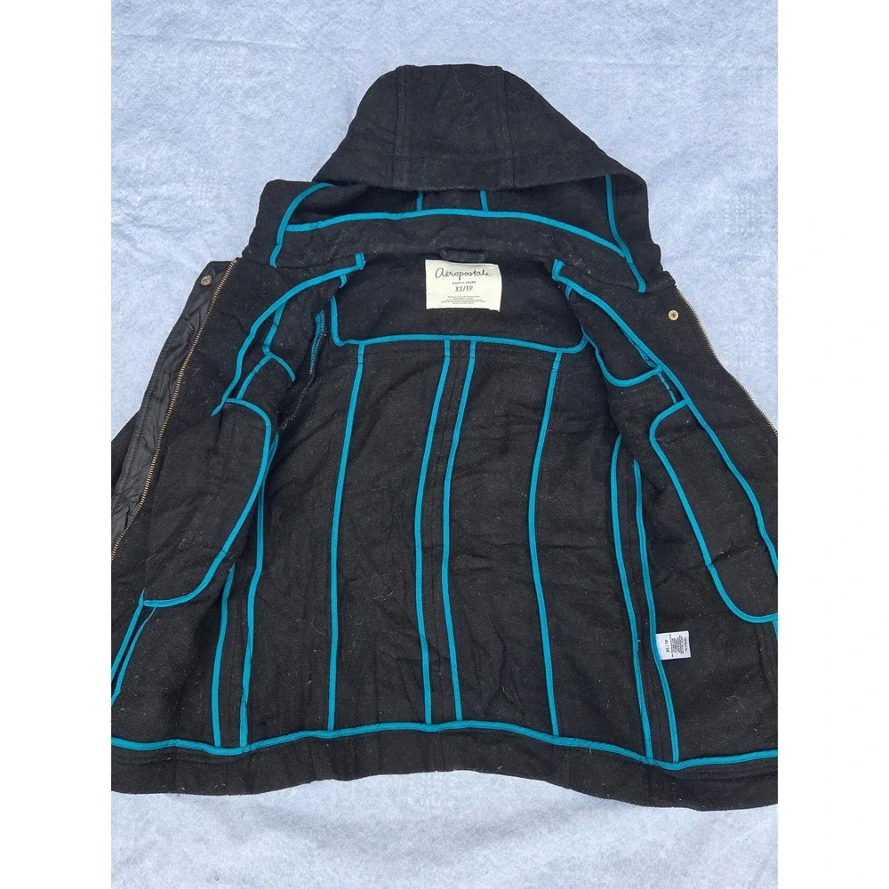 Aeropostale Womens Wool Blend Duffle Coat Black Hooded Toggle Jacket XS‎